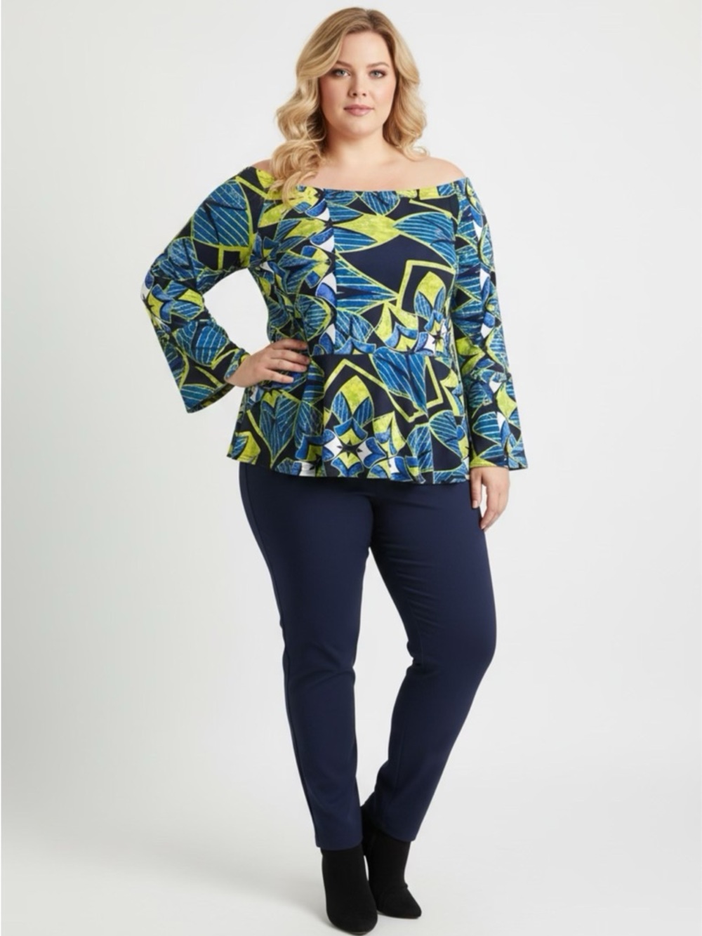 New Ashley Stewart Blouse 18/20 Oegeohilow Lapis Blue Bell Sleeves Abstract